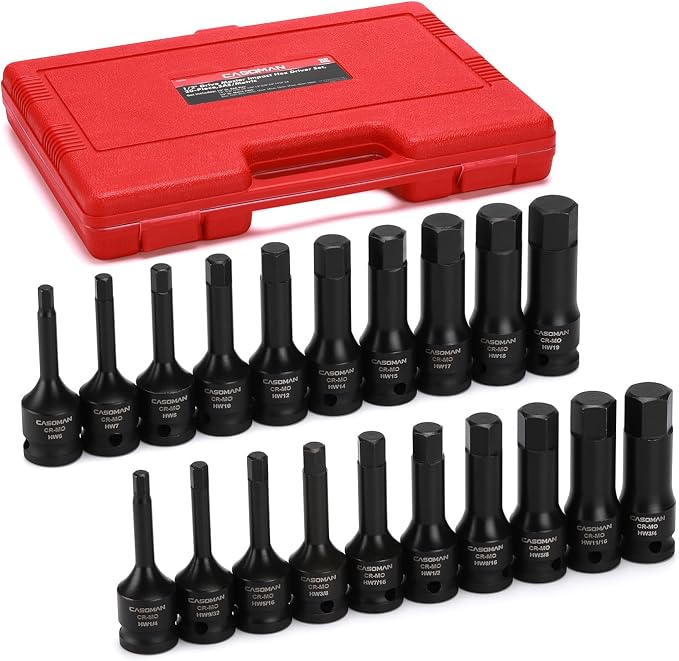 CASOMAN 1/2" Drive Master Impact Hex Bit Set, Hex Driver, SAE/Metric, 1/4" - 3/4", 6mm - 19mm, Cr-Mo Steel,Impact Grade, One-Piece Construction, 20-Piece 1/2" Drive Allen Bit Socket Set
