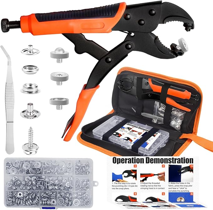 NVAAV 60-Set Snap Fastener Tool Kit, 15mm Metal Snap Buttons + Heavy Duty Pliers for Leather, Boat Cover Snaps, DIY Covers, and Canvas Snap Replacement