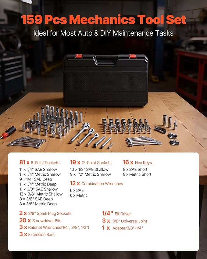 VEVOR Mechanics Tool Set, 159-Piece Mechanic Tool Kit, 1/4 in, 3/8 in, and 1/2 in Drive, SAE and Metric Socket Set, Wrenches, Screwdriver Bits, Accessories, and Storage Case, for Automotive Repair