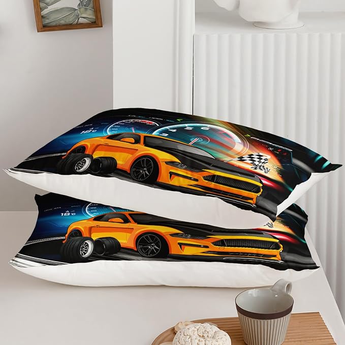 Axolotl Race Car Bedding Set King Size,Boys Extreme Sports Comforter for Kids Teens,Yellow Car Racing Bedding,Cool Speed Duvet,Sports Theme Quilt Set with 1 Comforter and 2 Pillowcases