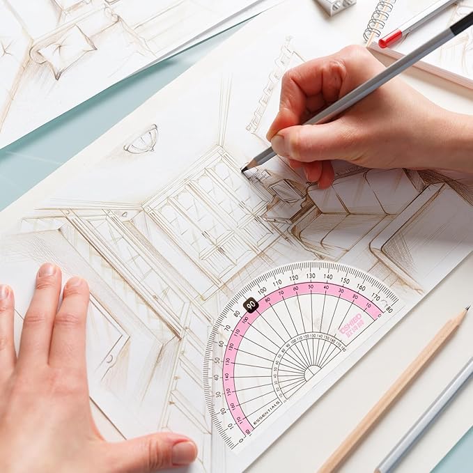 Compass Geometry Tool Protractor and Compass Set 8 Pcs Geometry Set Drawing Compass Geometry Compass and Protractor Set Math Compass with Shatterproof Storage Box for Class Supplies and School Pink