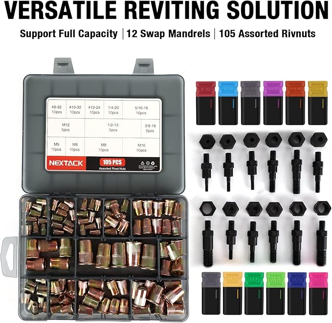 NEXTACK Heavy Duty Rivet Nut Tool Kit, 16" Pro Semi Auto Release Rivnut Nutsert Tool Set - 105pc Threaded Rivet Nuts & 12pc Mandrels | Organized Rugged Case NT800