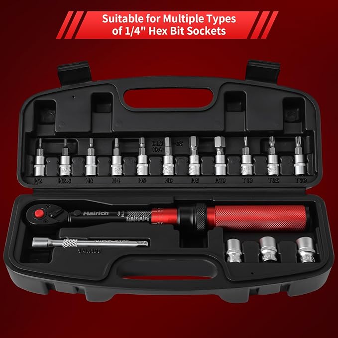 Hairich 1/4-Inch Torque Wrench Bike,2.3-24.9 N.M/20-220IN.LB, Drive Click Torque Wrench Set,16PCS 72-tooth Torque Wrenches Set with Extension Bar & Socket Sets for Bicycle