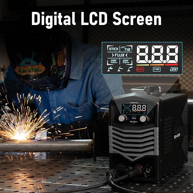 Sunstac MIG Welder, 140A 110V Flux Core/Stick/Lift TIG 3 in 1 MIG Welding Machine, Gasless MIG with IGBT Inverter Synergic Control, Digital Screen Display, Over Loading Protection Beginner Friendly