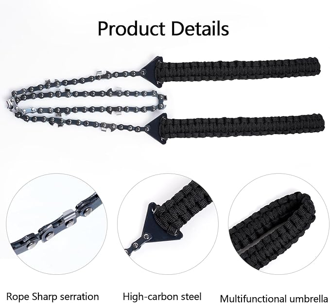 Sucrain Pocket Chainsaw with Paracord Handle, Folding Chain Hand Saw, Emergency Outdoor Survival Gear for Camping, Hunting, Hiking, Cutting Wood & Tree (Black paracord, 11 Teech, 24''Long)