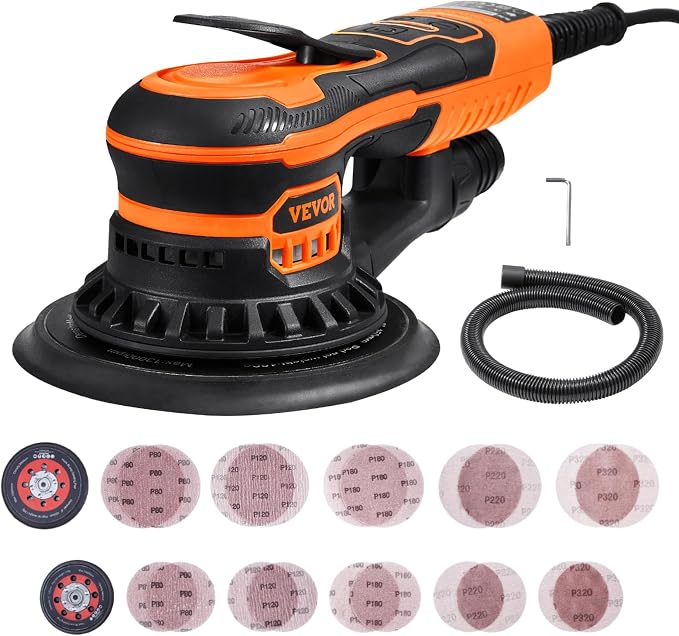 VEVOR Random Orbital Sander 5 & 6-Inch, 350W Brushless Orbital Sander, 10,000 PRM 6 Variable Speed Electric Palm Sander with 20PCS Sandpapers, Dust Connector & Hose for Woodworking Detailing Sanding