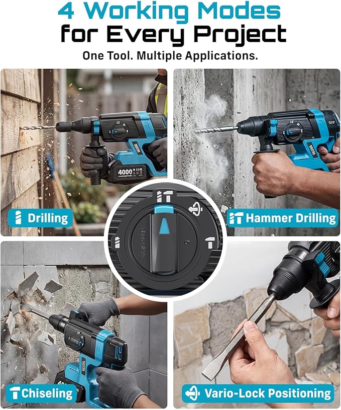 Seesii 1-Inch Cordless SDS-Plus Rotary Hammer Drill, 2.8J Impact Energy Brushless Motor, 4-Mode with Safety Clutch, 2 x 4.0Ah Batteries & Chisel/Bit Set for Concrete Drilling & Home Renovation