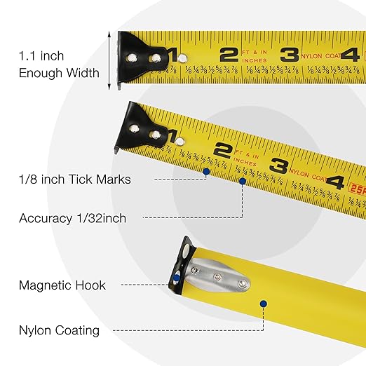 WORKPRO 16FT Tape Measure, 2 Pcs Heavy Duty Retractable Tape Measurement, Double Retract Long Stand Measuring Tape Accuracy 1/32 for Engineer, with Magnetic Hook, Belt Clip, Rubber Protective Casing