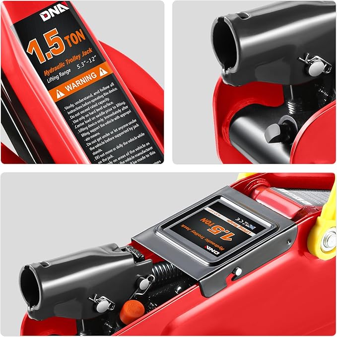 DNA Motoring 1.5 Ton Car Floor Jack Low Profile Hydraulic Trolley Service/Floor Jack, 1.5T / 3000 lbs Capacity, Lifting Range 5.3 Inch -12 Inch, with Storage Case, Red, TOOLS-00326