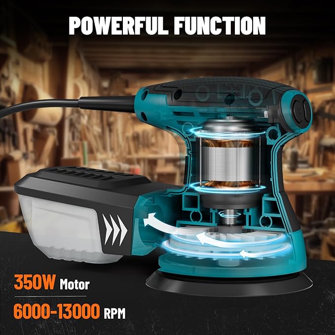 DOVAMAN ROS01A Orbital Sander, 3A Random Orbit Sander, 6 Variable Speeds, Up to 13000 rpm, 12pcs Sandpapers, 5in Sanding Pad, Dust Collection, Electric Sanders Perfect for Woodworking