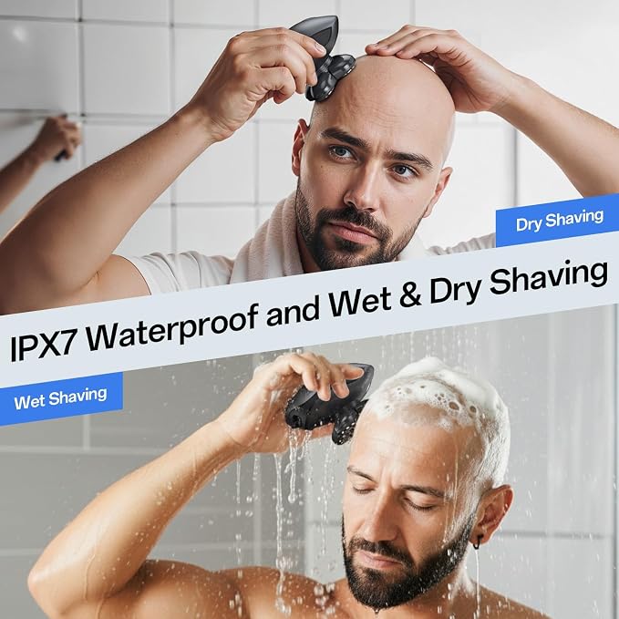 Head Shavers for Bald Men, Body Shavers for Men, Cordless Rechargeable Wet/Dry Bald Head & Groin Waterproof Electric Razor with Rotary Blades, Beard Trimmer, Clippers, Nose Trimmer, Brush (Gray)