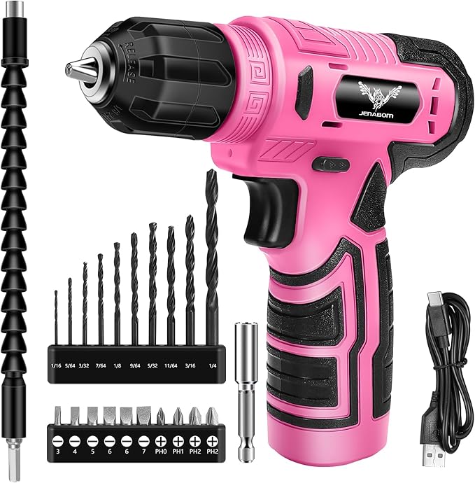 JENABOM 8V Power Cordless Drill, Electric Screwdriver for Women, Pink Drill Set with 3/8"Keyless Chuck, Built-in LED, Type-C Charge Cable, Variable Speed Trigger