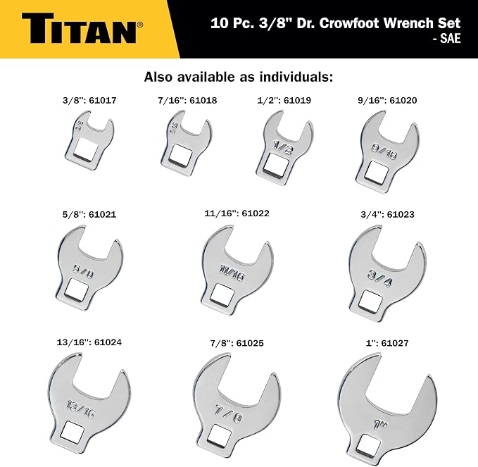 Titan 17294 10-Piece 3/8-Inch Drive SAE Crowsfoot Wrench Set