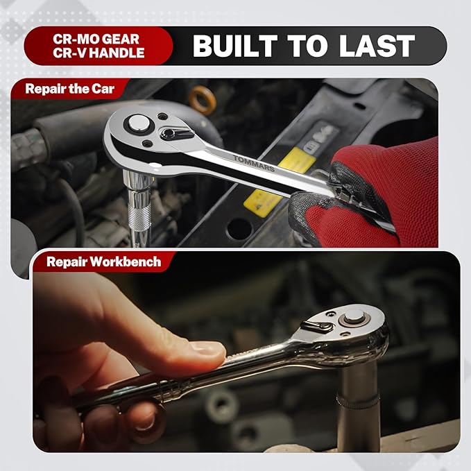 TOMMARS Ratchet Set 1/4" 3/8" 1/2" Drive Ratchet Socket Wrench Kit 72-Tooth Quick-Release Reversible, Cr-V Alloy Steel