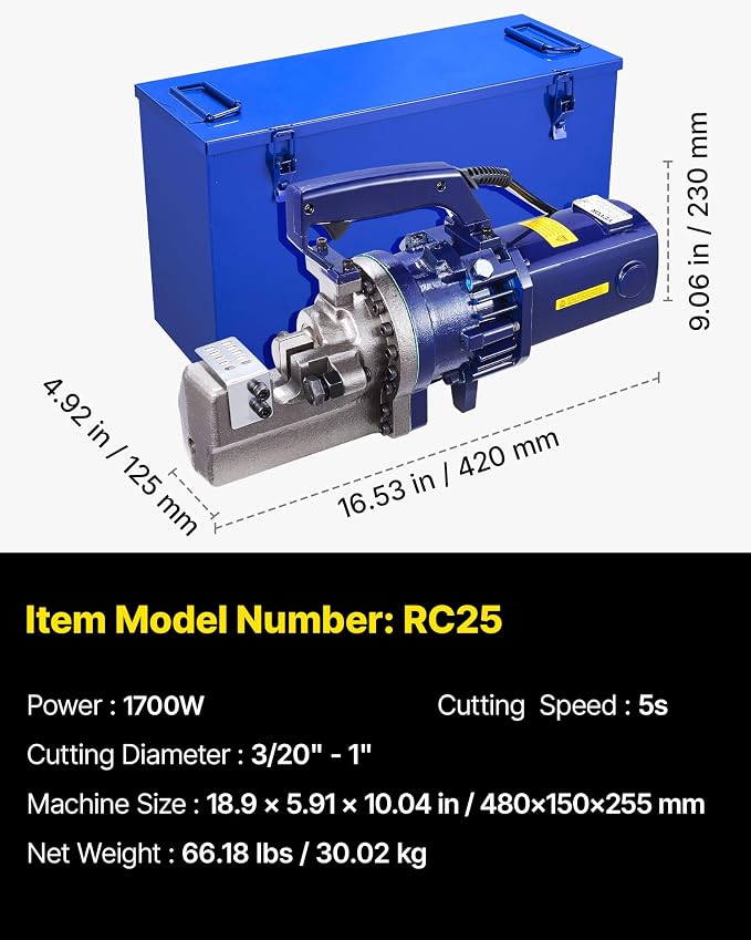 VEVOR Electric Hydraulic Rebar Cutter 1700W 110V - Portable, Cuts #8 4-25mm Rebar in 5 Seconds, with Stainless Steel Carry Case