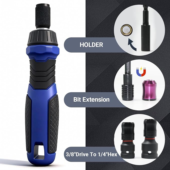 63-Pcs Impact Screwdriver Bits Set, Magnetic S2 Steel Phillips/Square/Torx/Hex Insert Power Bits Tips Screw Extractor Set with Bit Magnetizer, Quick Release Extension and Ratchet Screwdriver Handle