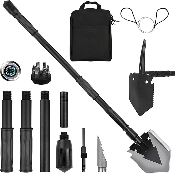Camping Shovel 38'', with Pickaxe, Survival Folding Spade, Tactical Heavyduty Multitool, Military Compact Shovel for Off-Roading, Entrenching, Car Emergency, Outdoor