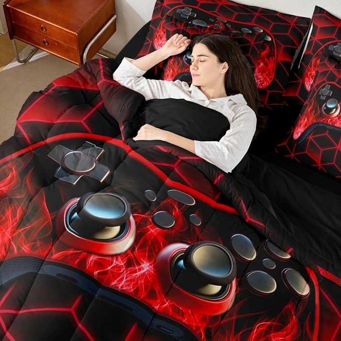 Game Consoles 7 Piece Comforter Set Full Bed in a Bag,Neon Geometric Bedding Set,3D Geometric Gamer Comforter and Sheet Set Red Flame Bed Set,Gaming Decor for Boys Bedroom Decor Gamer Gifts