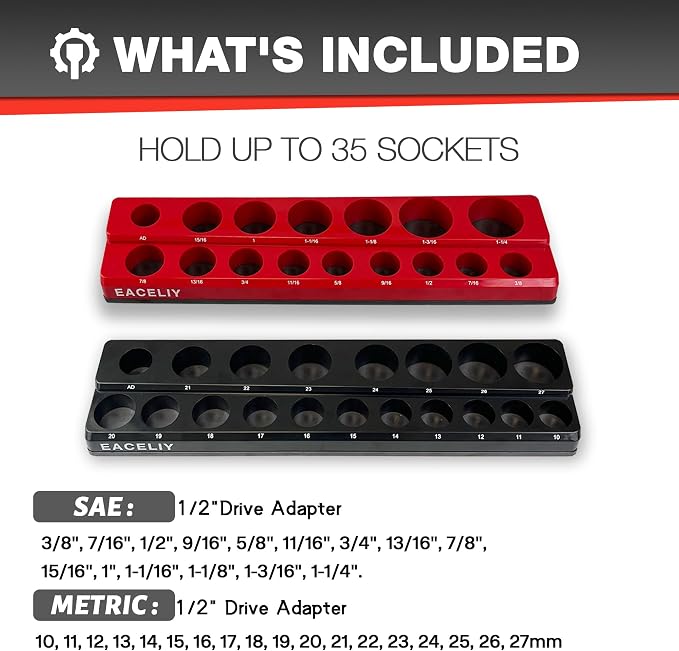 EACELIY Magnetic Socket Organizer Set,SAE & Metric Socket Holder Kit,，Tools tray， holds 35 Deep and Shallow 1/2" Sockets, attaches to steel box/tool cart (sockets not included) 丨2PC 1/2"