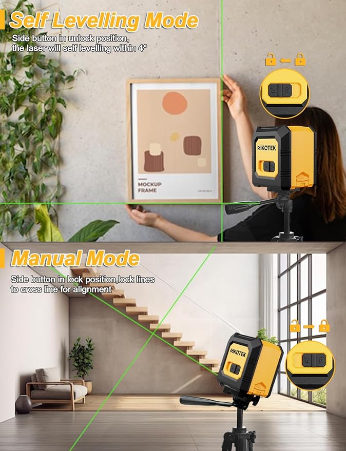 Nikotek Laser Level with Tripod, Self-Leveling Green Beam Horizontal and Vertical Cross-Line Laser for Home Decoration Carrying Pouch, Battery Included