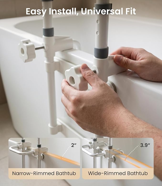 VOCIC Silicone Bathtub Grab Bars for Seniors, Height Adjustable, Clamp On Tub Rails for Elderly Adults Safety