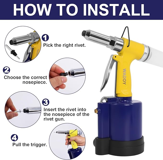 Air Rivet Gun Heavy Duty, 3924 LBF Pneumatic Pop Rivet Gun Kit with 50 PCS Rivets,5 Nosepieces(3/32",1/8", 5/32",3/16",1/4"), Air Hydraulic Riveter for Automotive, Construction, Industrial,Boat Repair