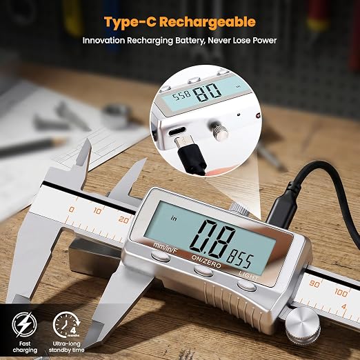 HARDELL Digital Caliper 8 Inch, Rechargeable All Metal Electronic Micrometer with Large Backlit LCD, Inch/mm/Fraction Conversion, Auto-Off – Measuring Tool for DIY, 3D Printing, Workshop & Household