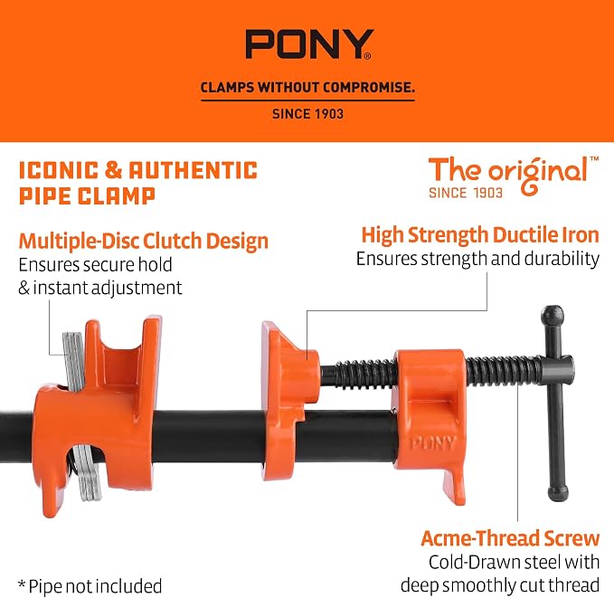 PONY ORIGINAL 2-Pack 52 Wood Gluing Pipe Clamp Fixture for 1/2 Inch Black Pipe