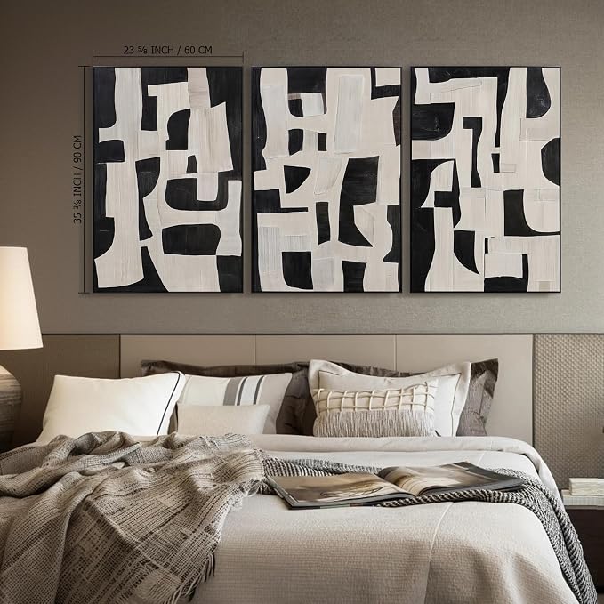 Zessonic Abstract Black and White Wall Art Edgy Blocks Framed Geometry Canvas Print Modern Contemporary Artwork for Living Room, Bedroom, Office Decor - Set of 3, 24x36 Inch (Ready to Hang)