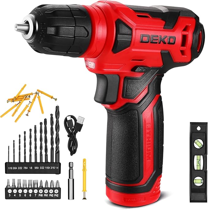 DEKOPRO 8V Cordless Drill, Drill Set with 3/8"Keyless Chuck, 42pcs Acessories, Built-in LED, Type-C Charge Cable, Red Power Drill for Drilling and Tightening/Loosening Screws
