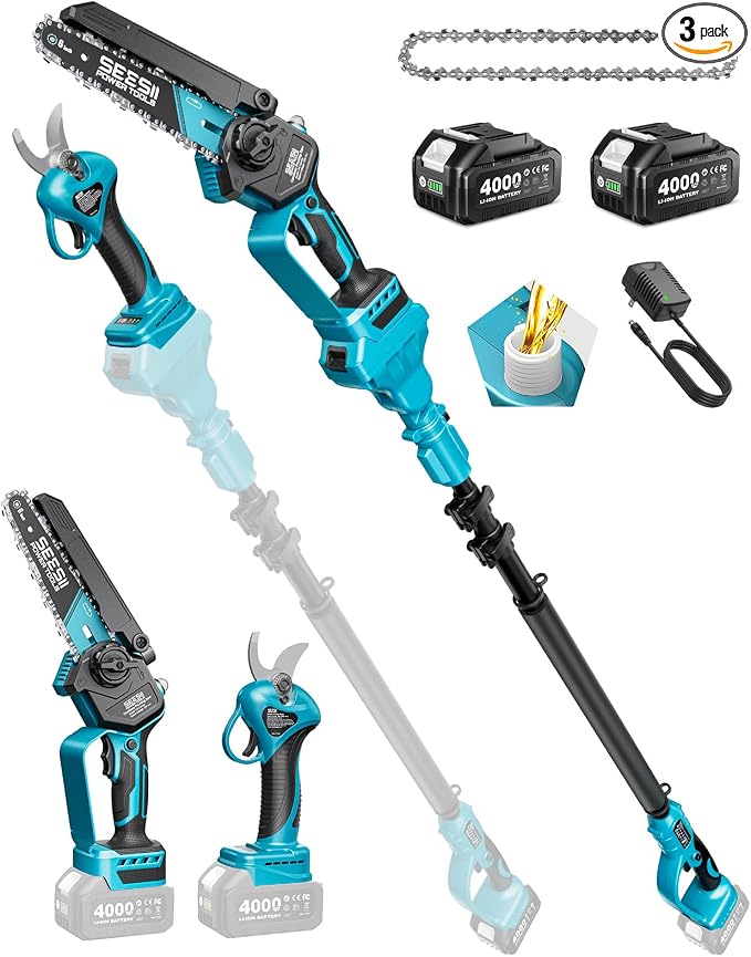 SEESII 4-in-1 Pole Saw & Pruning Shears Combo Kit, 6 Inch Mini Chainsaw for Tree Trimming, Battery Powered Chain Saw with Extension Pole, Limb Branch Cutter Pruner with 2 x 4000mAh Batteries