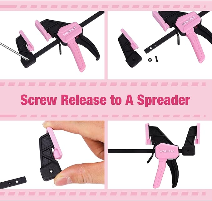 WORKPRO 6" Mini Bar Clamps for Woodworking, 2-Pack One-Handed Clamp/Spreader, Light-Duty Screw-Change F Clamp with 50lbs Load Limit, Pink Ribbon