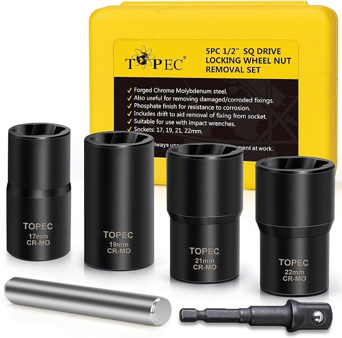 Topec 6PCS Wheel Lock Removal Kit, 1/2-Inch Drive Lug Nut Removal Tool, 17,19,21,22mm Stripped Lug Nut Remover, Extractor Socket Set for Broken, Damaged, Rounded Bolts