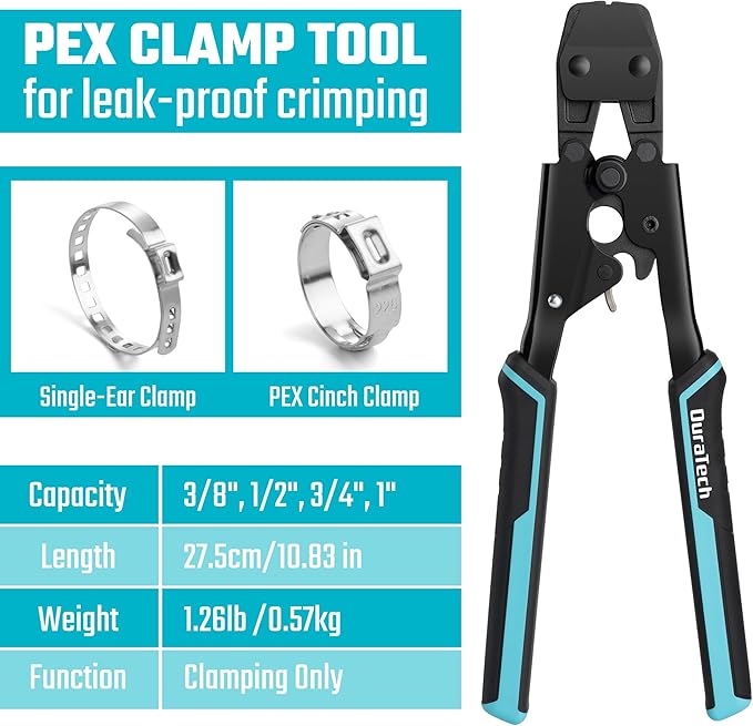 DURATECH Ratchet PEX Crimping Tool, PEX Cinch Tool for Fastening Stainless Clamps from 3/8-in to 1-in, Fits ASTM F2098 Clamps and 10mm Max Width Single Ear Clamps