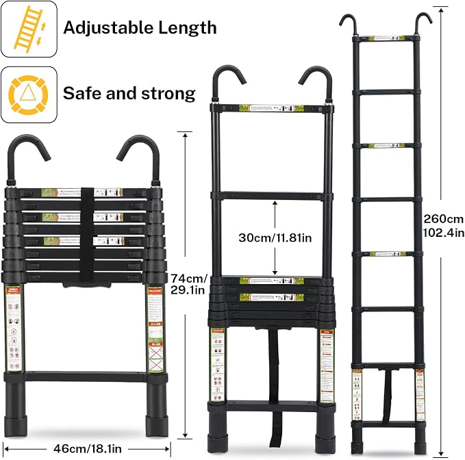 RIKADE Telescopic Ladder, 8.5 ft Aluminum Telescoping Ladder with Non-Slip Feet and Stable Hook, Portable Extension Ladder for Household and Outdoor Working, Max Load 330 lb, Black