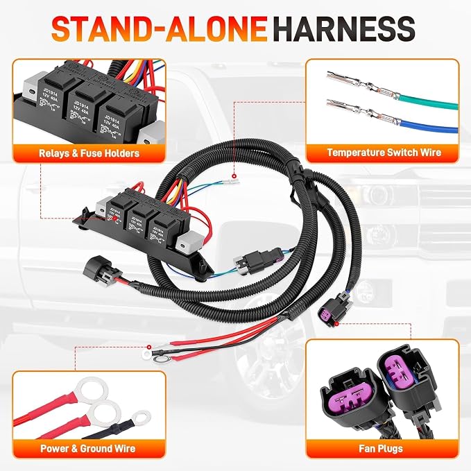 674-00923 Dual Speed Electric Fan Control Wiring Harness Kit with Relay | Compatible with Chevy Avalanche Silverado Suburban Cadillac Escalade GMC Sierra Yukon 1999-2007 Retrofit Stand Alone Fan Wire