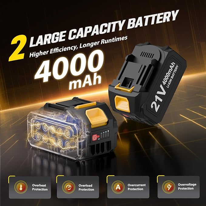Cordless Angle Grinder 4-1/2 Inch, Brushless Grinder Tool Kit, 2 x 21V 4.0Ah Batteries, 10000RPM Cordless Grinder, Cut Off Tool for Metal Cutting, Grinding, Polishing, Rust Removal (Yellow)