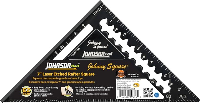 Johnson Level & Tool 1904-0700 Johnny Square Professional Easy-Read Aluminum Rafter Square, 7", Black, 1 Square