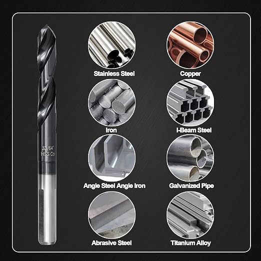 33/64 Drill Bit for Metal and Hardened Steel, M35 Cobalt 1/2 Inch Reduced Shank Industrial Grade Heavy Duty Drill Bit, with Index Storage Case