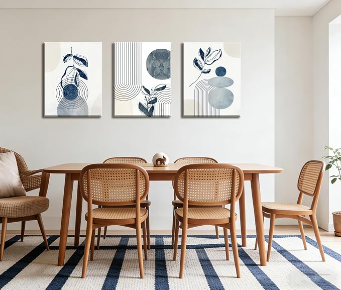 Frimeeme Blue Bohemain Framed Canvas Wall Art Set of 3,Abstract Geometric Line Wall Painting for Bedroom Bathroom, 12"x16" Inches,Framed