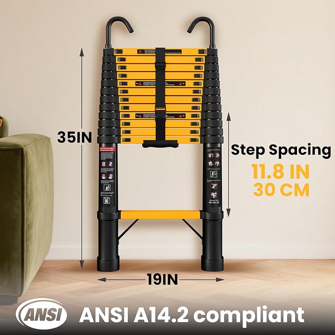 SINMEIRUN Telescoping Ladder, 12.5 FT, Hooks, Aluminum Extension Ladder, 330 lbs Capacity, Collapsible Multi-Purpose Ladder for Home, Roof and RV; Yellow