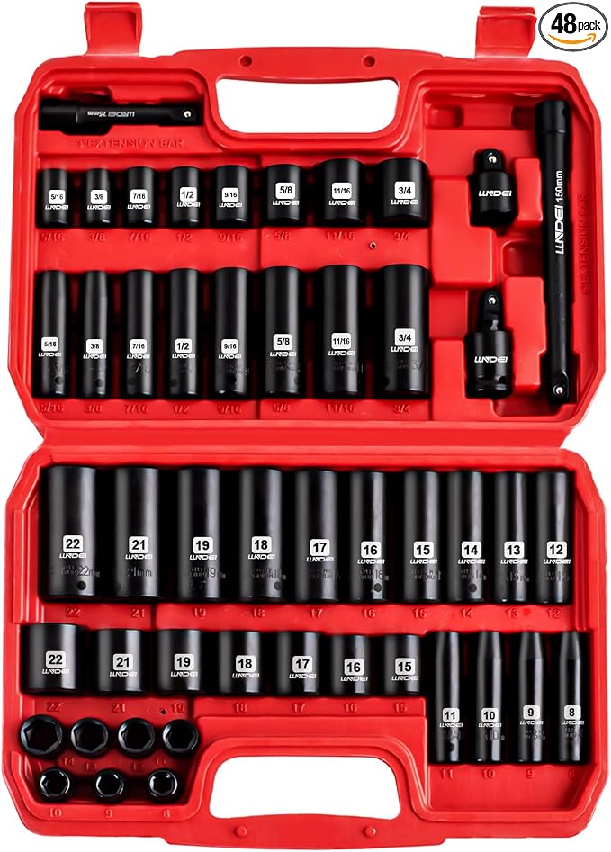 3/8" Drive 48Pc Impact Socket Set SAE/Metric Fits Various Wrenches | SAE and Metric (5/16"- 3/4", 8-22mm), Extension Bar (3-in, 6-in), 1/2"F to 3/8"M Reducer Universal Joint