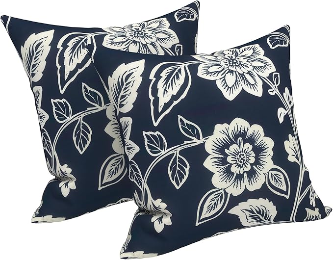 LVTXIII 2 Pack Outdoor Pillows 18x18 Inch, Square Throw Pillows with Inserts, Decorative Water-Repellent Pillow Cushions for Patio Furniture and Garden Sofa, Elegant Vines Navy