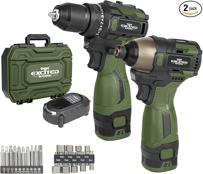 17V Brushless Screwdriver Drill Set, 140Nm Cordless Impact Driver & 55Nm Electric Drill with 3 Adjustable Speed, 2 Batteries and Led Work Light