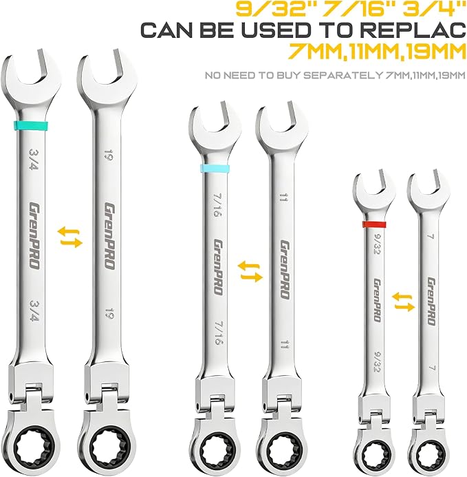 GRENPRO Ratchet Wrenches Set, 23PC Flex Head Ratcheting Wrench Set Metric and Standard & SAE, 6-18mm & 1/4" to 3/4" with Color Ring, CRV Open End Tool Organizer Pouch, Combination Ratchet Wrench Sets