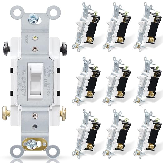 ELEGRP 4 Way Toggle Light Switch, 15 Amp, 120-277V, Toggle Framed AC Quiet Switch, in Wall On/Off Switch, Self-Grounding, Residential and Commercial Grade, UL Listed (10 Pack, Glossy White)