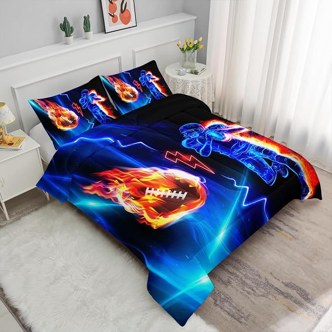 Axolotl Football Comforter King,Cool Blue Football Bedding Sports Theme Comforter Set for Boys,3D Rugby Sports Bedding Set,Soccer Player on Fire for Boys Kids Teens,1 Quilt 2 Pillowcases,Black Blue