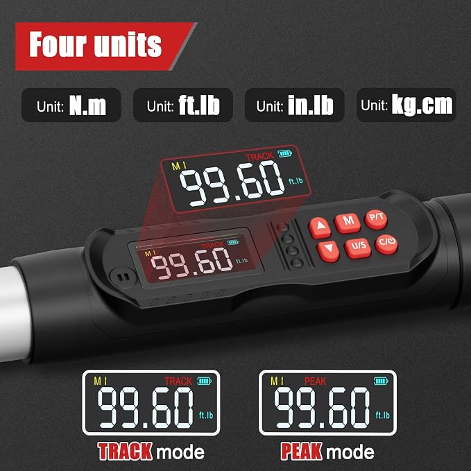 VANPO Adjustable HVAC Digital Torque Wrench, 5-99.6 Ft.lb/6.8-135Nm | 38mm Jaw & 1/2" Ratchet, 14×18mm Open End, ±2% Accuracy, Buzzer, Vibration, LED Indicator for Split AC, Motorcycle, Plumbing
