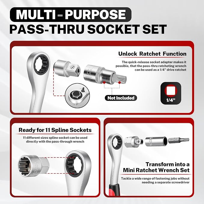 BILITOOLS 29PCS 1/4" Pass Through Socket Set with Spline Sockets & Bits | Small Pass Thru Go Through Ratchet Mechanics Tools Set for Tight Spaces, Low Profile 72-Tooth Wrench