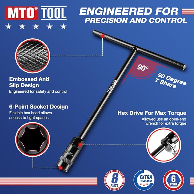 MTO T-Handle Metric Socket Wrench Set, 6-Point (6, 8, 10, 11, 12, 13, 14, 15mm) with Hanging Organizer Strap, Cr-V Steel Lug Wrench Hex Socket for Motorcycle Car Bicycle Repair (8 Pack)
